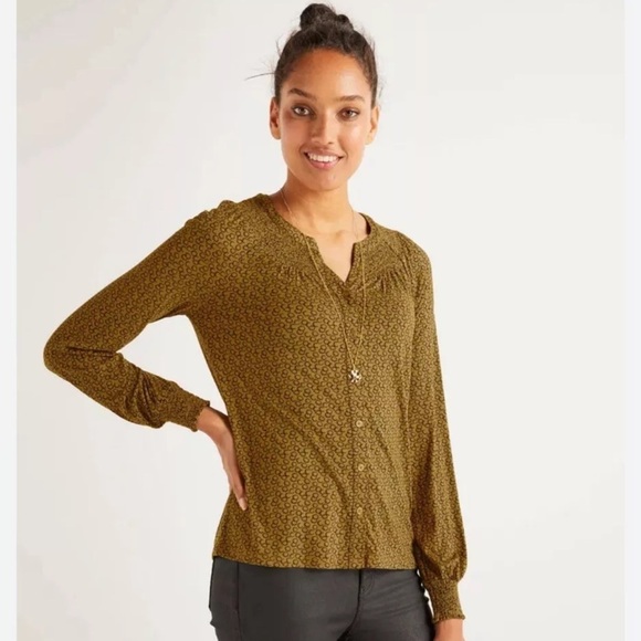 Boden Alba Jersey Knit Shirt in Mustard Trumpet Black Sweet Petal Smocked Top 4 - Picture 1 of 13
